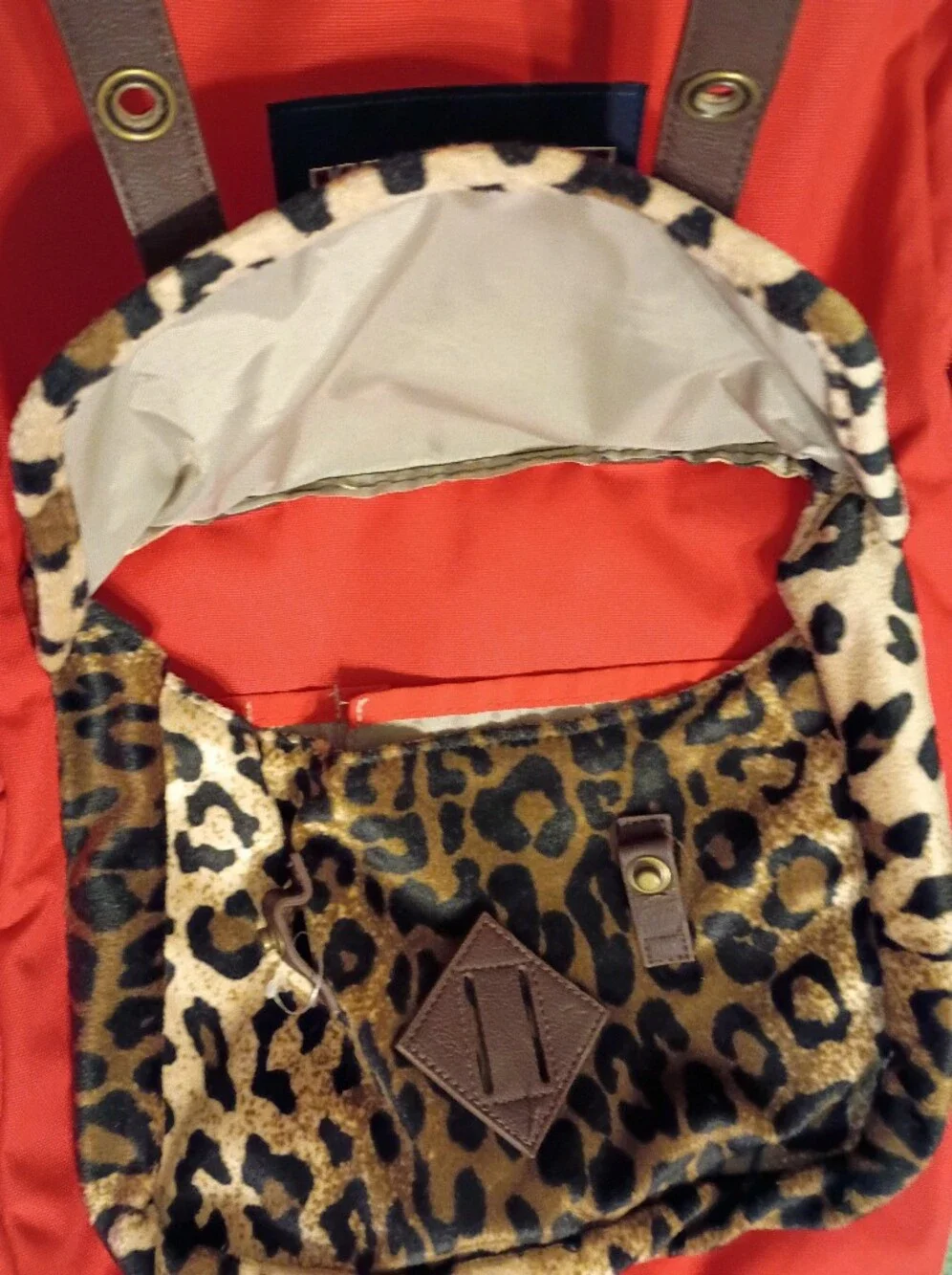 EUC JanSport Red Backpack with Faux Fur Leopard-Print Front Pocket